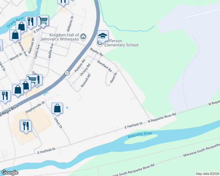 map of restaurants, bars, coffee shops, grocery stores, and more near 255 Reed Drive in Massena