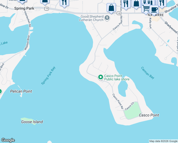 map of restaurants, bars, coffee shops, grocery stores, and more near 2813 Casco Point Road in Wayzata