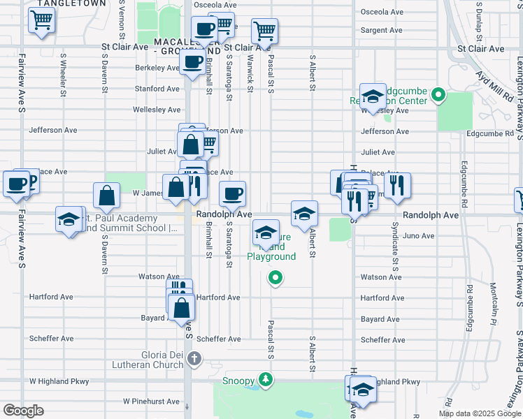 map of restaurants, bars, coffee shops, grocery stores, and more near 1480 Randolph Avenue in Saint Paul