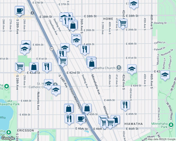 map of restaurants, bars, coffee shops, grocery stores, and more near 4200 Minnehaha Avenue in Minneapolis