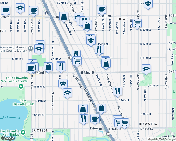 map of restaurants, bars, coffee shops, grocery stores, and more near 3505 East 42nd Street in Minneapolis