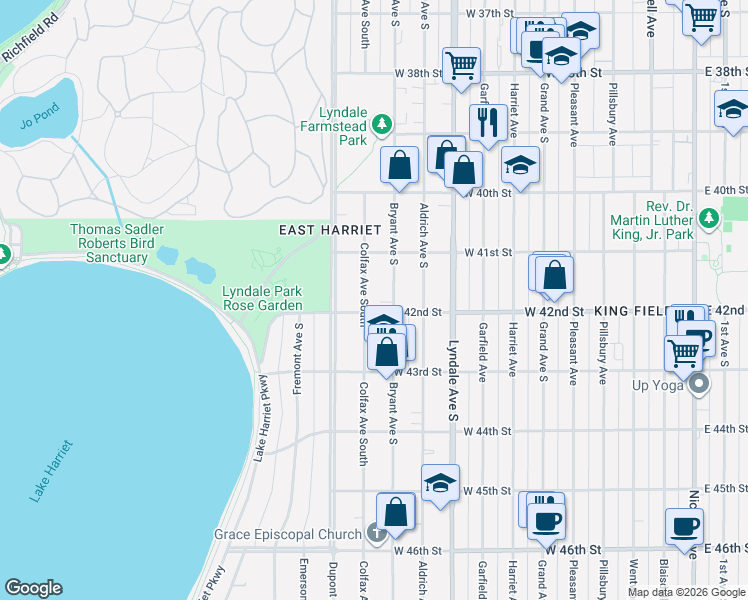 map of restaurants, bars, coffee shops, grocery stores, and more near 4208 Bryant Avenue South in Minneapolis