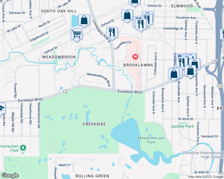 map of restaurants, bars, coffee shops, grocery stores, and more near 6601 Excelsior Blvd in St Louis Park