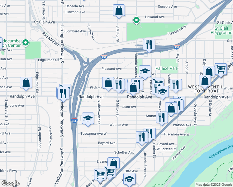 map of restaurants, bars, coffee shops, grocery stores, and more near 930 Randolph Avenue in Saint Paul