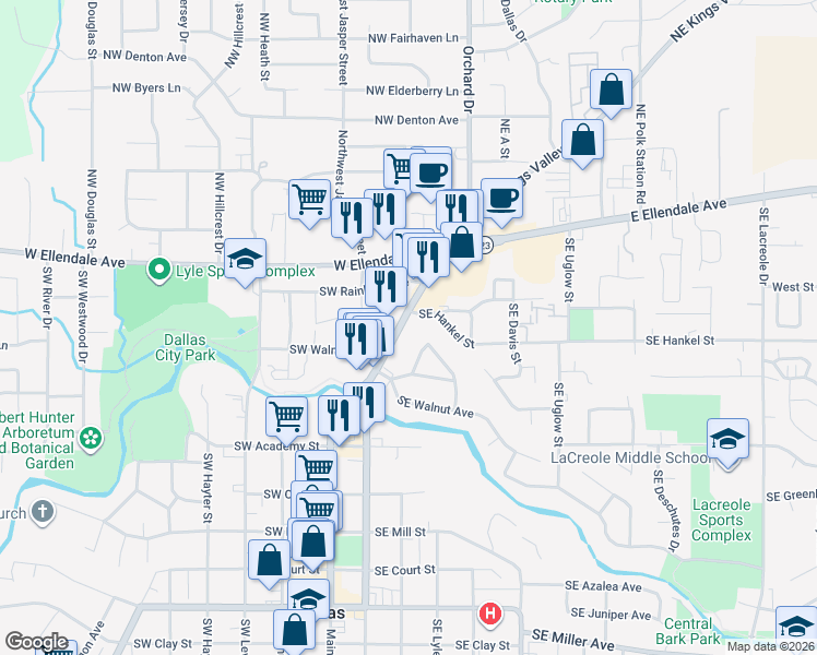 map of restaurants, bars, coffee shops, grocery stores, and more near 361 Southeast Arizona Street in Dallas