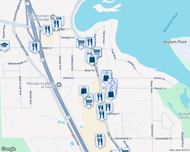 map of restaurants, bars, coffee shops, grocery stores, and more near Rib Mountain Drive in Wausau