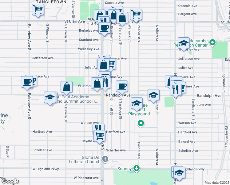 map of restaurants, bars, coffee shops, grocery stores, and more near 445 South Saratoga Street in Saint Paul