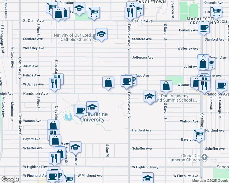map of restaurants, bars, coffee shops, grocery stores, and more near 1871 Randolph Avenue in Saint Paul