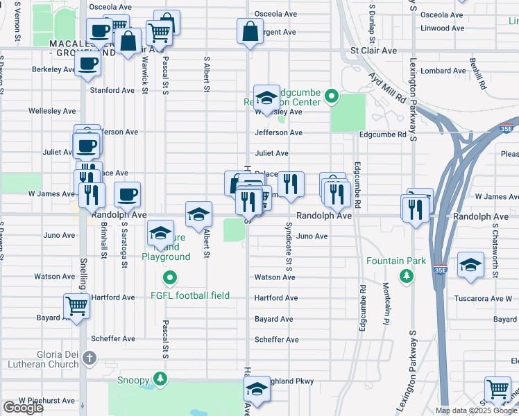 map of restaurants, bars, coffee shops, grocery stores, and more near 1325 West James Avenue in Saint Paul