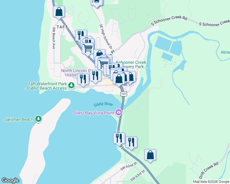 map of restaurants, bars, coffee shops, grocery stores, and more near 1241 Southwest 51st Street in Lincoln City