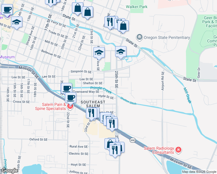 map of restaurants, bars, coffee shops, grocery stores, and more near 2430 Lee Street in Salem