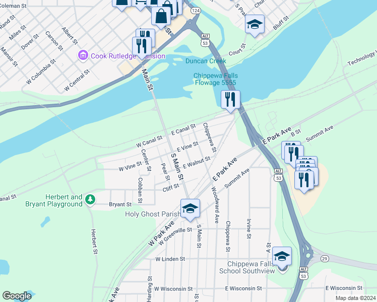 map of restaurants, bars, coffee shops, grocery stores, and more near 24 Woodward Avenue in Chippewa Falls
