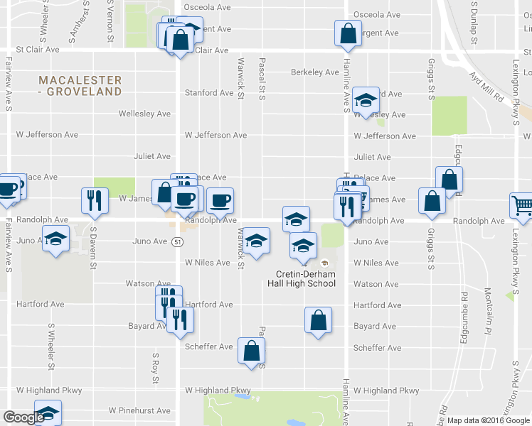 map of restaurants, bars, coffee shops, grocery stores, and more near 449 Pascal Street South in Saint Paul