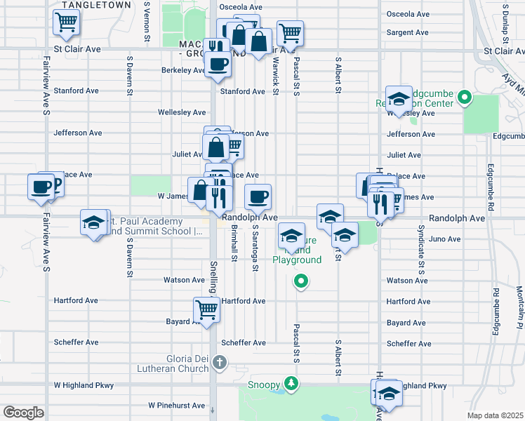 map of restaurants, bars, coffee shops, grocery stores, and more near 445 Warwick Street in Saint Paul
