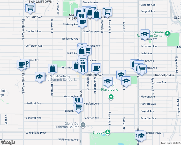 map of restaurants, bars, coffee shops, grocery stores, and more near 445 South Saratoga Street in Saint Paul
