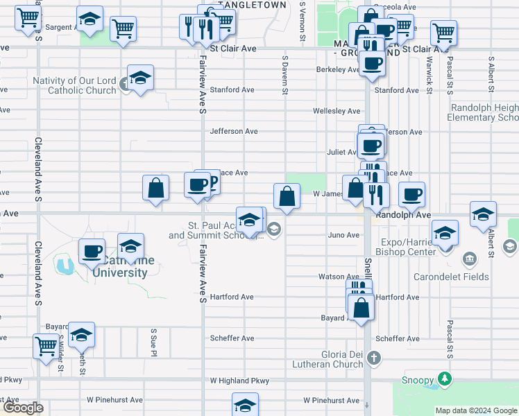 map of restaurants, bars, coffee shops, grocery stores, and more near 1745 West James Avenue in Saint Paul