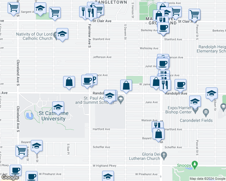 map of restaurants, bars, coffee shops, grocery stores, and more near 1745 West James Avenue in Saint Paul