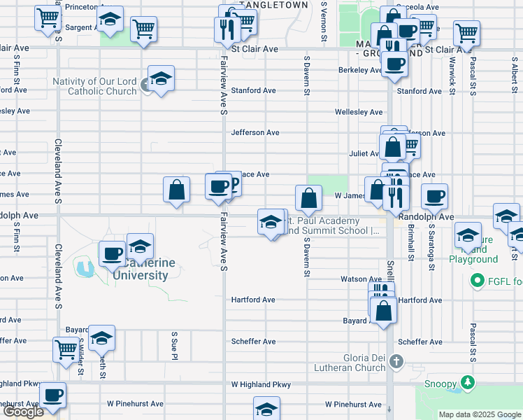 map of restaurants, bars, coffee shops, grocery stores, and more near 1779 West James Avenue in Saint Paul
