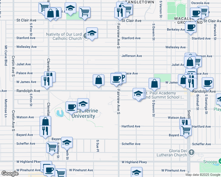 map of restaurants, bars, coffee shops, grocery stores, and more near 1849 West James Avenue in Saint Paul