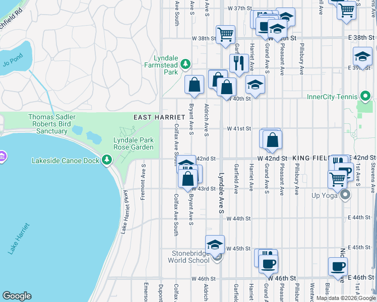 map of restaurants, bars, coffee shops, grocery stores, and more near 4116 Bryant Avenue South in Minneapolis