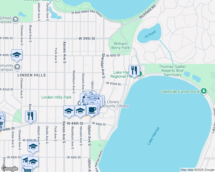 map of restaurants, bars, coffee shops, grocery stores, and more near 4118 Linden Hills Boulevard in Minneapolis