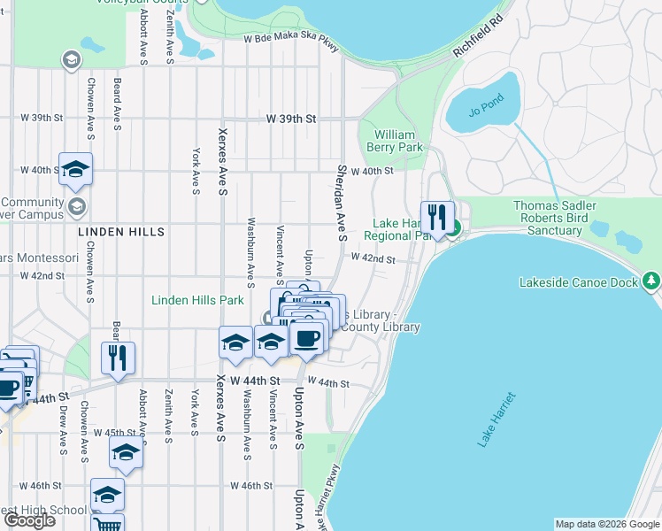 map of restaurants, bars, coffee shops, grocery stores, and more near 4116 Sheridan Avenue South in Minneapolis