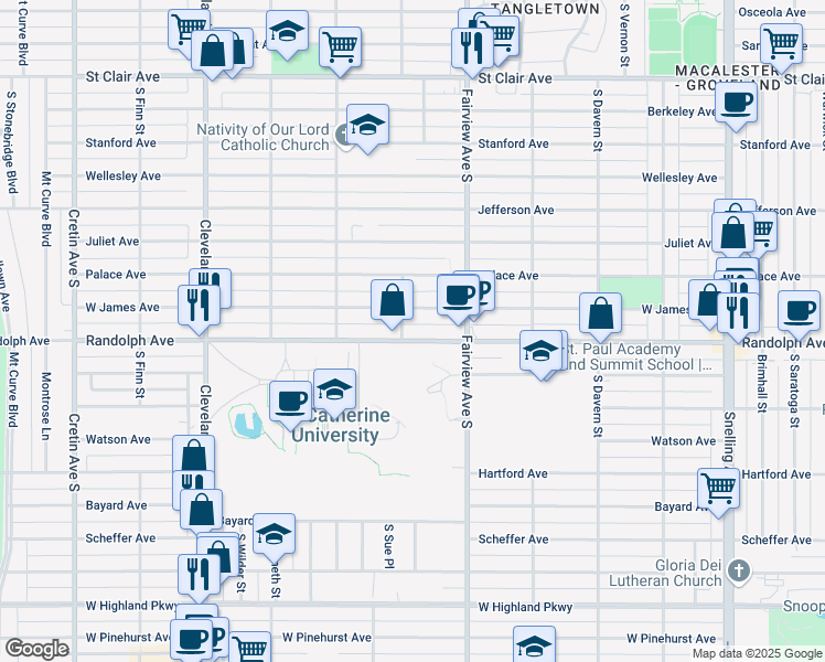 map of restaurants, bars, coffee shops, grocery stores, and more near 1883 West James Avenue in Saint Paul