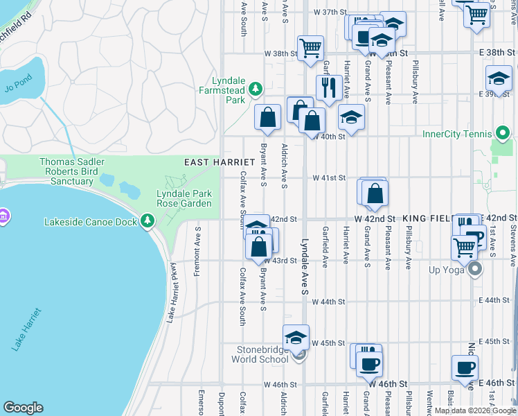 map of restaurants, bars, coffee shops, grocery stores, and more near 4116 Bryant Avenue South in Minneapolis