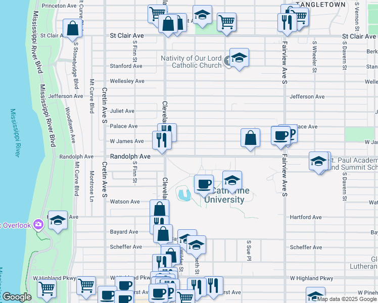 map of restaurants, bars, coffee shops, grocery stores, and more near 2027 West James Avenue in Saint Paul