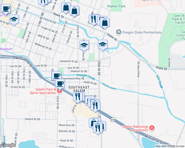 map of restaurants, bars, coffee shops, grocery stores, and more near 2430 Lee Street in Salem