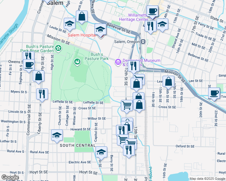 map of restaurants, bars, coffee shops, grocery stores, and more near 1095 Waller Street Southeast in Salem