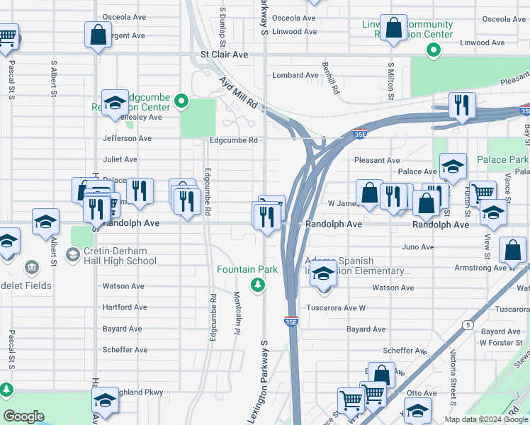 map of restaurants, bars, coffee shops, grocery stores, and more near 445 Lexington Parkway South in Saint Paul