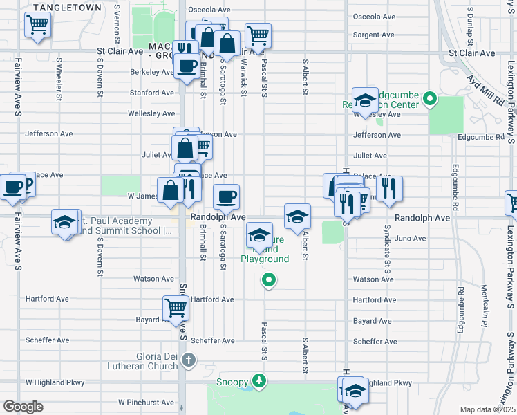 map of restaurants, bars, coffee shops, grocery stores, and more near 449 Pascal Street South in Saint Paul
