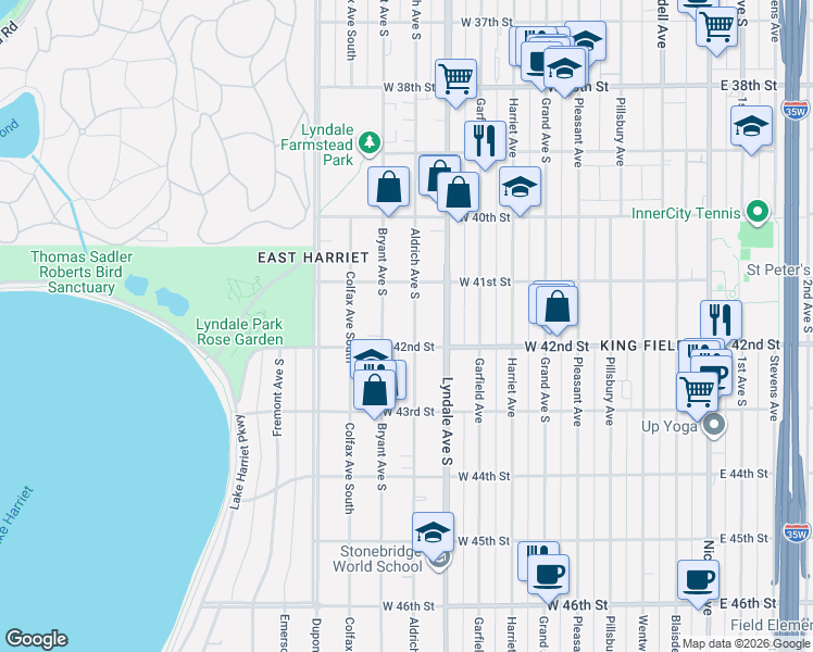 map of restaurants, bars, coffee shops, grocery stores, and more near in Minneapolis