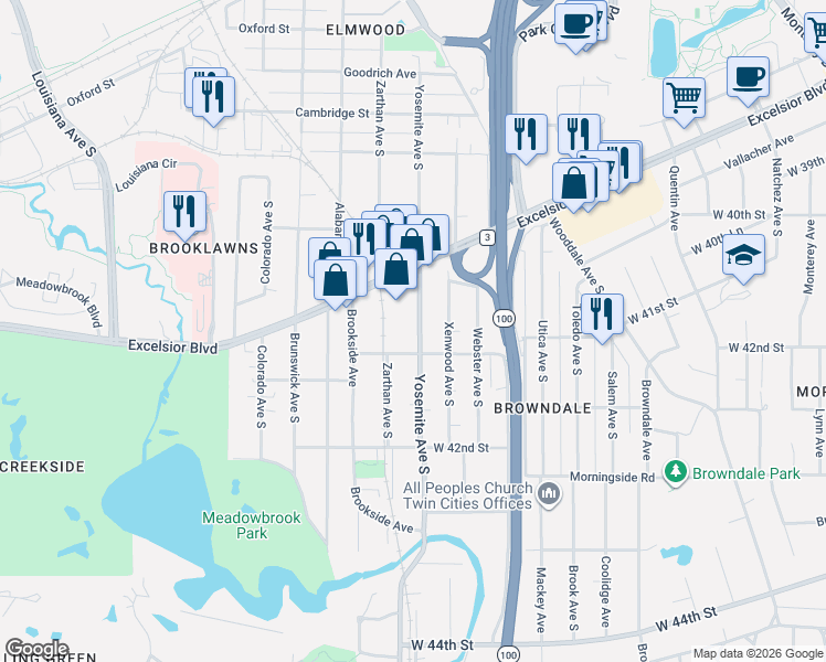 map of restaurants, bars, coffee shops, grocery stores, and more near 5825 Zarthan Avenue South in St. Louis Park