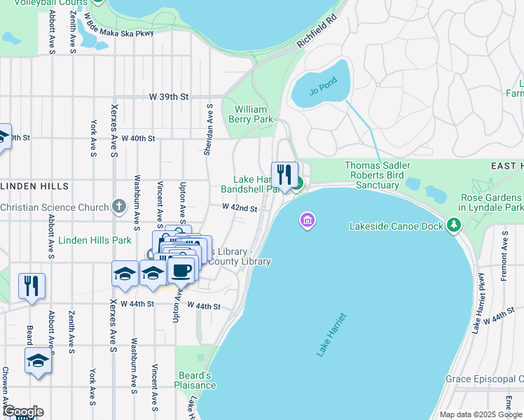 map of restaurants, bars, coffee shops, grocery stores, and more near W 42nd St & Queen Ave S in Minneapolis