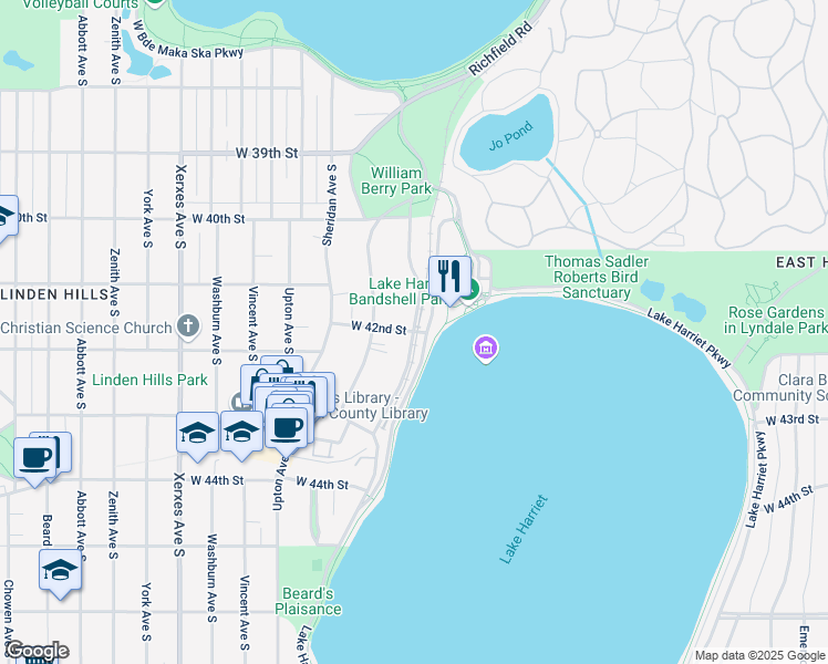 map of restaurants, bars, coffee shops, grocery stores, and more near W 42nd St & Queen Ave S in Minneapolis