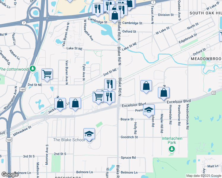 map of restaurants, bars, coffee shops, grocery stores, and more near 152 Blake Road North in Hopkins