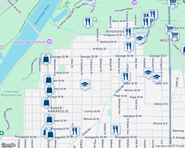 map of restaurants, bars, coffee shops, grocery stores, and more near 206 King Street West in Saint Paul