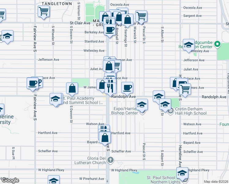 map of restaurants, bars, coffee shops, grocery stores, and more near 450 Snelling Avenue South in Saint Paul