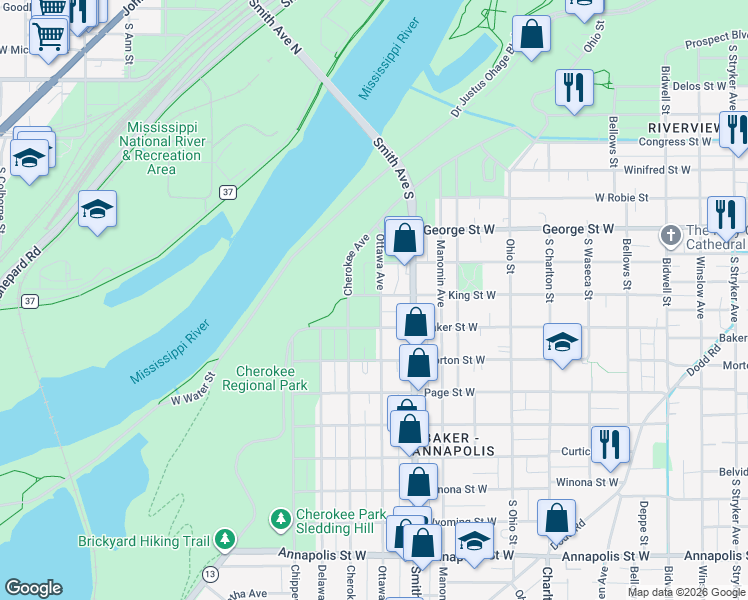 map of restaurants, bars, coffee shops, grocery stores, and more near 611 Ottawa Avenue in Saint Paul