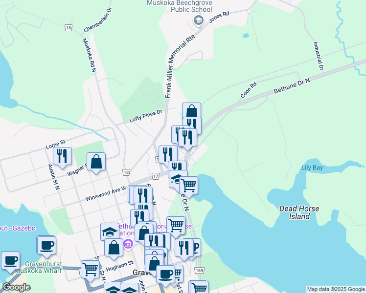 map of restaurants, bars, coffee shops, grocery stores, and more near 421 Bethune Drive North in Gravenhurst