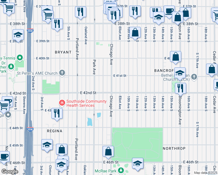 map of restaurants, bars, coffee shops, grocery stores, and more near 4129 Chicago Avenue in Minneapolis