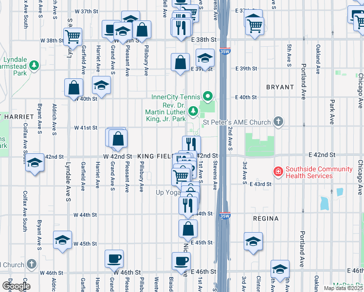 map of restaurants, bars, coffee shops, grocery stores, and more near 4119 Blaisdell Avenue in Minneapolis