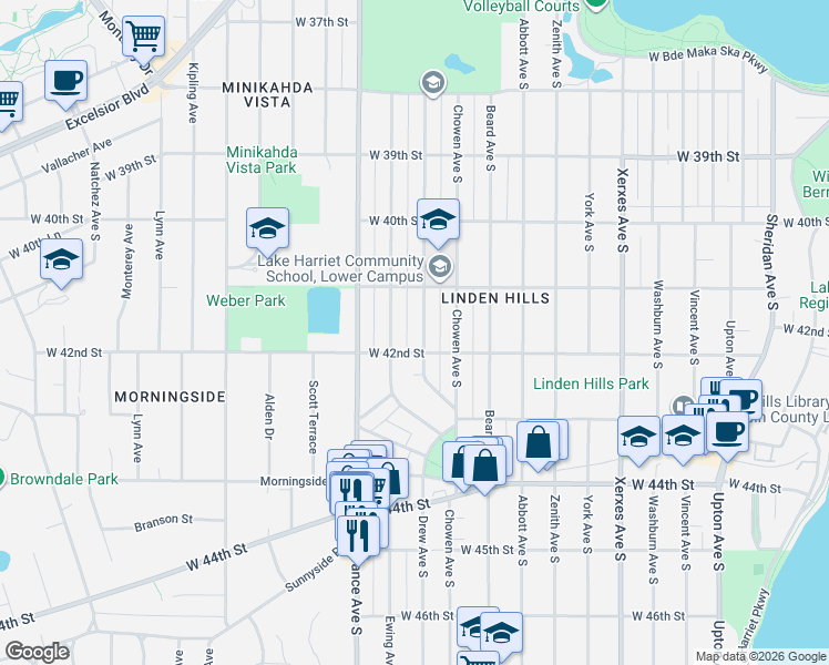 map of restaurants, bars, coffee shops, grocery stores, and more near 4116 Drew Avenue South in Minneapolis