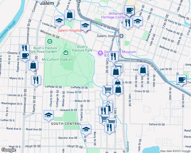 map of restaurants, bars, coffee shops, grocery stores, and more near 1095 Waller Street Southeast in Salem