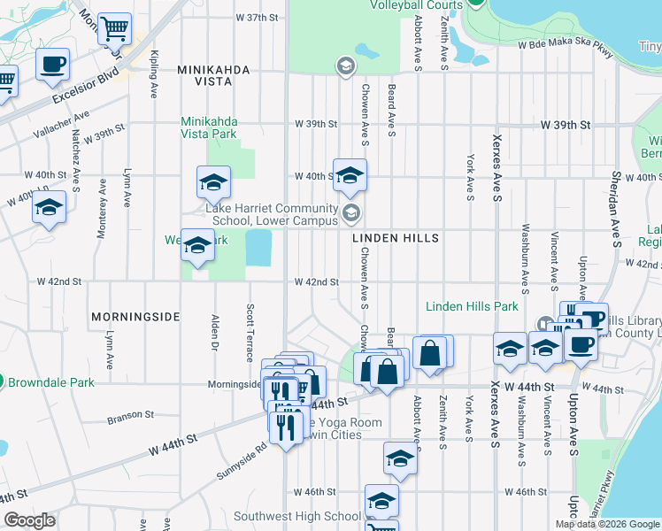 map of restaurants, bars, coffee shops, grocery stores, and more near 4116 Drew Avenue South in Minneapolis