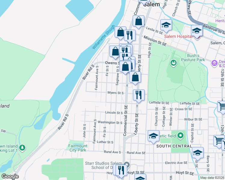 map of restaurants, bars, coffee shops, grocery stores, and more near 241 Myers Street Southeast in Salem