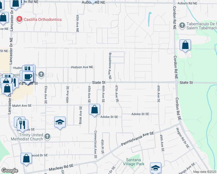 map of restaurants, bars, coffee shops, grocery stores, and more near 117-119 Brushwood Court Southeast in Salem