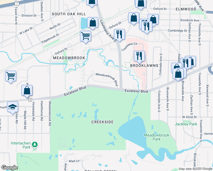 map of restaurants, bars, coffee shops, grocery stores, and more near 6860 Excelsior Boulevard in St. Louis Park